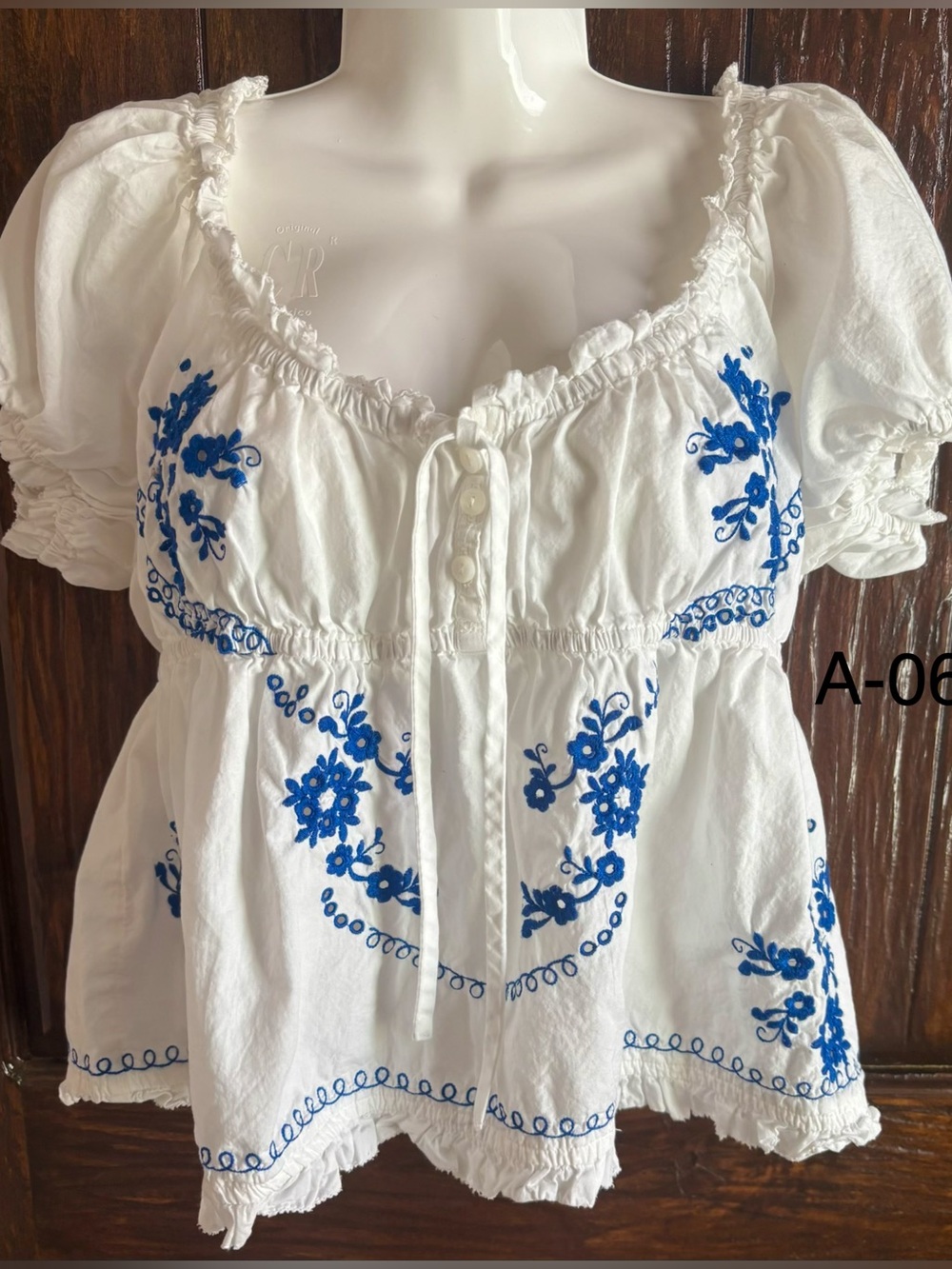 Anthropologie White Tunic Top with Blue Floral Embroidery